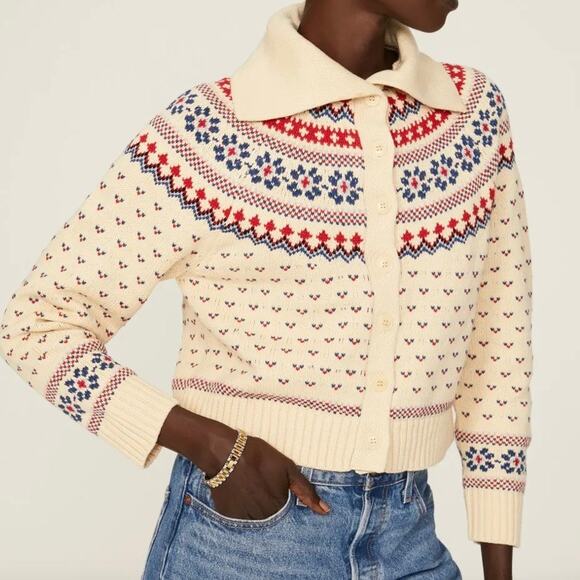 THE GREAT Mini Collar Cardigan Cream Floral Fairisle 2 - Picture 9 of 11